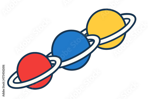Stylized colorful planets with rings in a diagonal formation, a vibrant and imaginative depiction of celestial bodies