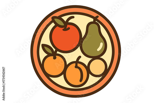 Delicious and healthy fresh fruit assortment with apples, pears, and oranges neatly arranged in a decorative circular border
