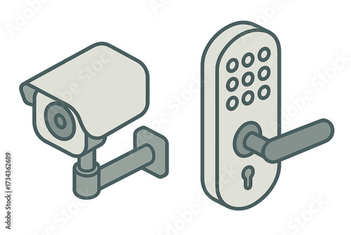 Modern home security system with surveillance camera and smart digital door lock for property protection