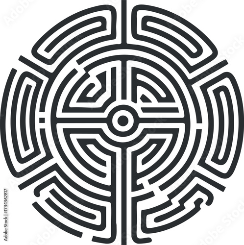 An intricate black and white labyrinth design symbolizing complexity and exploration..