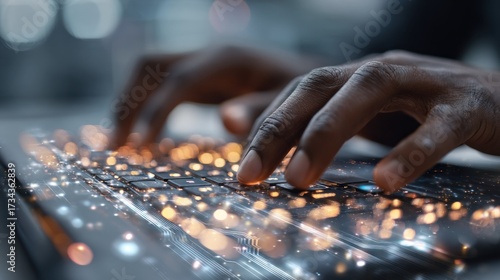 Hands typing on illuminated keyboard