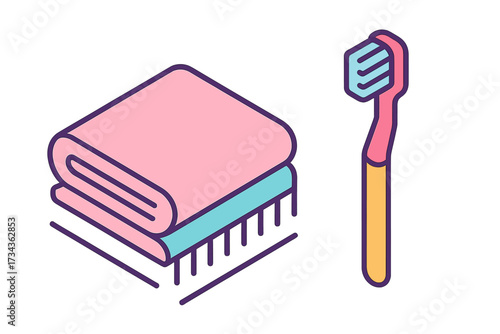 Soft folded pink and blue towel with colorful pink and yellow toothbrush for daily personal hygiene and bathroom care