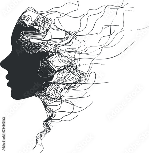 An abstract silhouette of a woman with flowing hair represented in a creative line art style..
