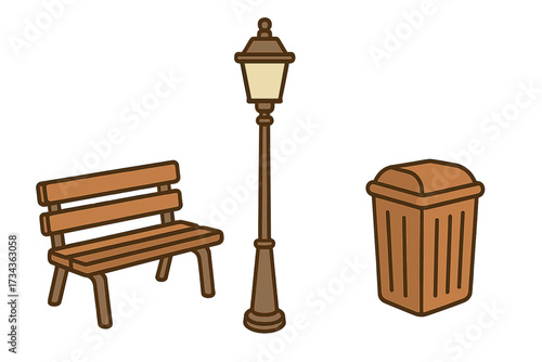 Classic wooden park bench, old-fashioned street lamp, and public waste bin as urban furniture elements