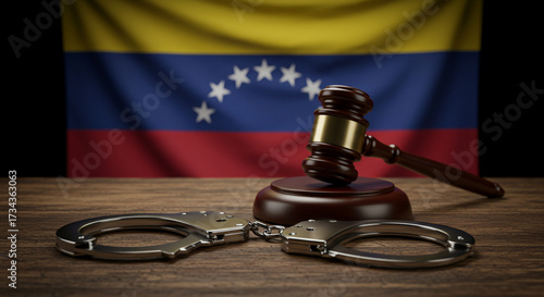 Hammer of justice with handcuffs and the Venezuelan flag