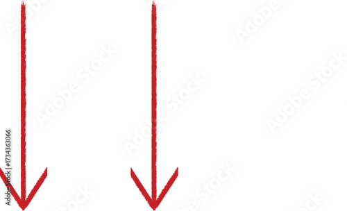 Red double arrows pointing downward in simple minimal style, isolated navigation direction symbol for interface, guidance, or digital design, clean element on white background.