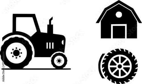 Minimalist farm equipment icons featuring tractor, barn, and wheel