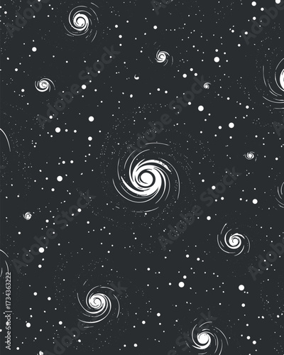 Abstract illustration of swirling galaxies and stars on a dark cosmic background.