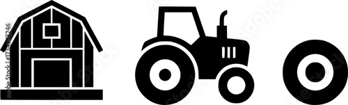 Minimalist farm equipment icons featuring tractor, barn, and wheel