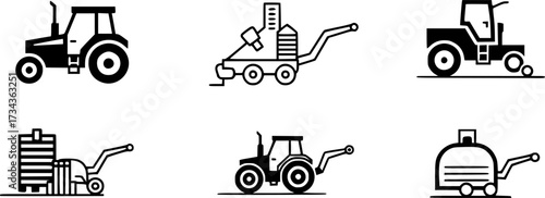 Minimalist farm equipment icons featuring tractor, barn, and wheel