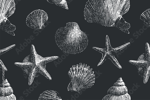A hand-drawn pattern featuring various shells and starfish on a black background..