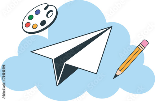 Creative cloud dreams paper airplane pencil paint palette artistic imagination flight