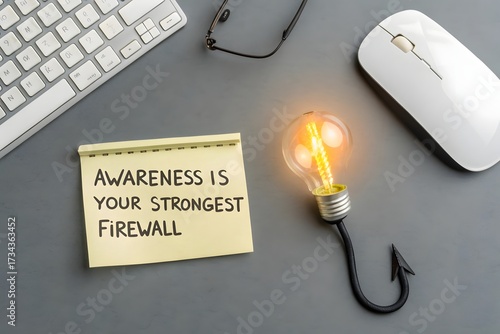 Obraz na płótnie Lightbulb on a Hook Beside a Post it Note About Cybersecurity Awareness