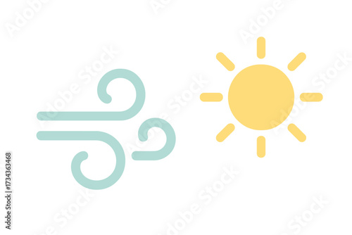 Minimalist bright yellow sun and light blue wind icons representing weather conditions, climate elements, and atmospheric phenomena