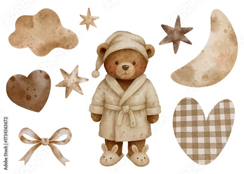 Tableau sur toile Cute watercolor set of a bear in a robe, nightcap and bunny slippers