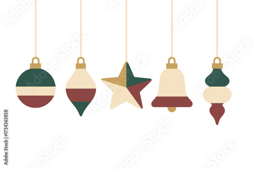 Colorful Christmas holiday ornaments hanging on strings for festive decoration and seasonal celebration