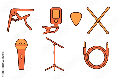 Collection of essential musical instrument accessories including capo, tuner, microphone, drumsticks, and audio cable