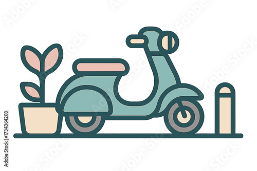 Vintage-style scooter parked next to a potted plant and bollard, symbolizing urban transport and green living