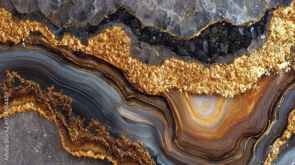 Fototapeta premium Luxurious black and gold marble texture with glitter and layered mineral bands