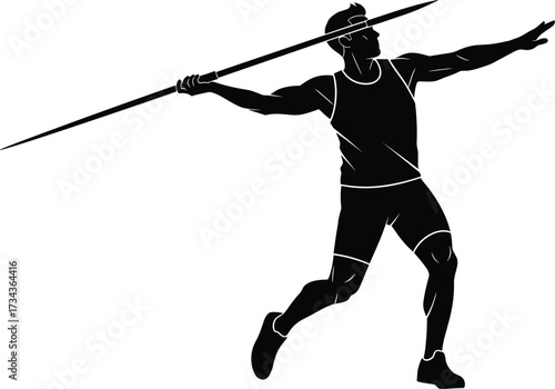 Javelin throw silhouette, athletic pose, track and field vector, black and white illustration, sports action icon, dynamic movement