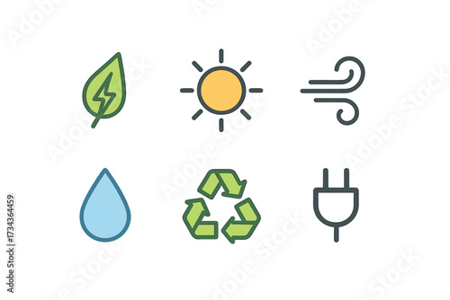 Collection of modern flat design icons representing renewable energy, environmental protection, and sustainable living concepts