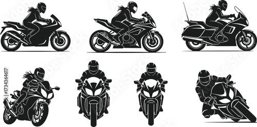 Motorcycle rider silhouette set, sportbike and touring poses, black and white vector, racing posture, biker icon, motion illustration