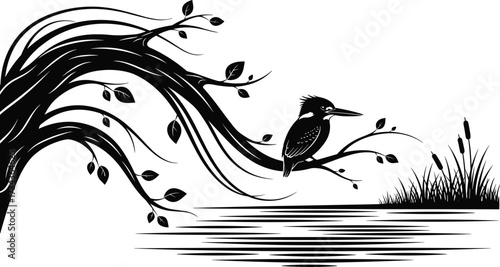 Nature silhouette scene, tree with bird, cattails by water, peaceful landscape, black and white vector, wildlife illustration, tranquil environment