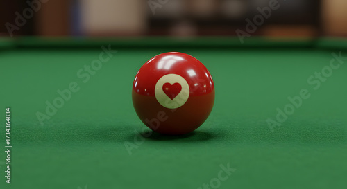 Action-Pool Game, Heart Ball, Billiards Table, Photograph, Indoor Setting, Close-up View, Fun and Excitement in Recreation