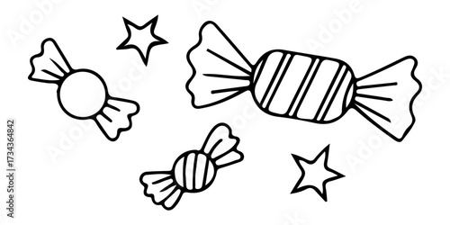 A sweet collection of hand drawn candy and star doodles. Black and white sketch illustration of various wrapped sweets. Fun sugary treats for design and decoration.