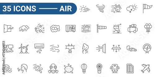 Air line editable icon set. Containing ventilation, air conditioner, fan, wind, blow, oxygen, breathe, CO2, pollution and more.