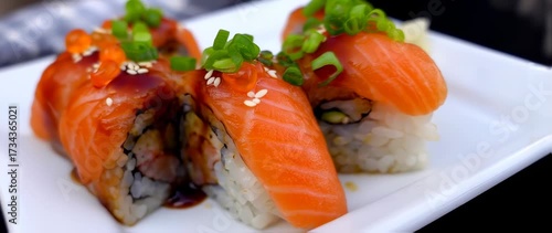 Wallpaper Mural Delicious Salmon Sushi Rolls with Fresh Green Onions and Ginger on a White Plate Culinary Delights Torontodigital.ca