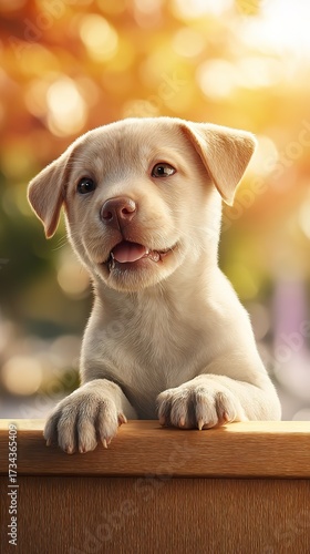 Cute puppy looking over fence