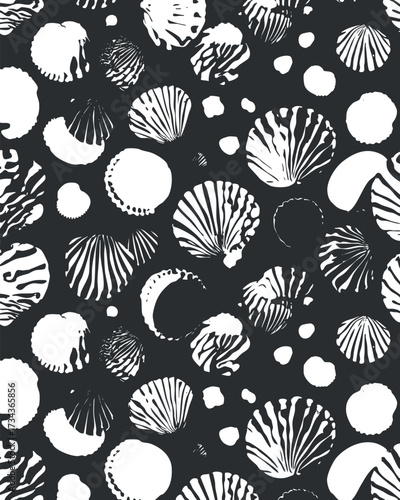 An artistic monochrome pattern featuring various seashell designs on a black background..