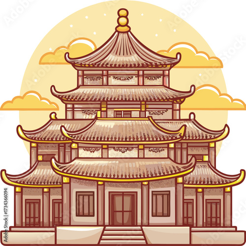 Vector illustration of an ancient Japanese temple with traditional architecture under the sky, highlighting Buddhist culture and travel in Asia