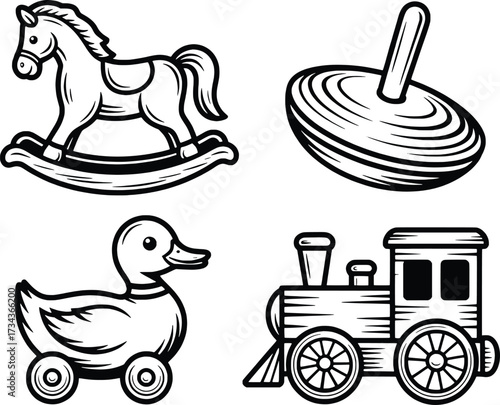Vintage hand drawn retro toys rocking horse spinning top duck train set collection