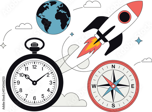 Pocket watch planet rocket compass journey through time and space discovery
