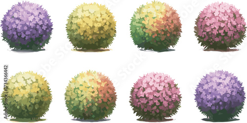 Colorful bush top view, flowering foliage, seasonal plants, garden layout, stylized vegetation, nature texture, digital illustration, landscape design, botanical element, greenery