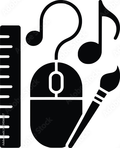 Creative design elements mouse ruler musical notes paintbrush symbolizing digital art creation