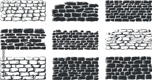 A collection of hand-drawn stone and brick wall textures suitable for various design projects..