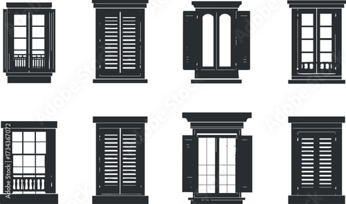 A collection of black silhouette windows with various designs and shutter styles for architectural inspiration..