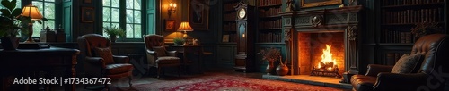 A dimly lit Victorian era study, featuring ornate furniture, antique books, a grandfather clock, and a crackling fireplace, evoking a sense of mystery and old-world charm , gothic, books, building