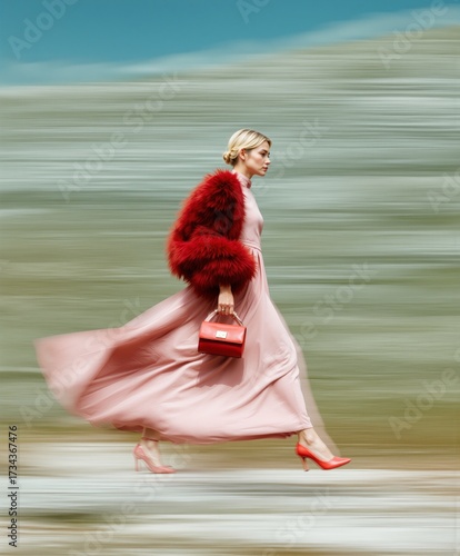 Elegant woman in a flowing pink dress and bold red fur jacket, holding a handbag while running gracefully in motion blur. High-fashion editorial style blending movement, elegance, and sophistication.
