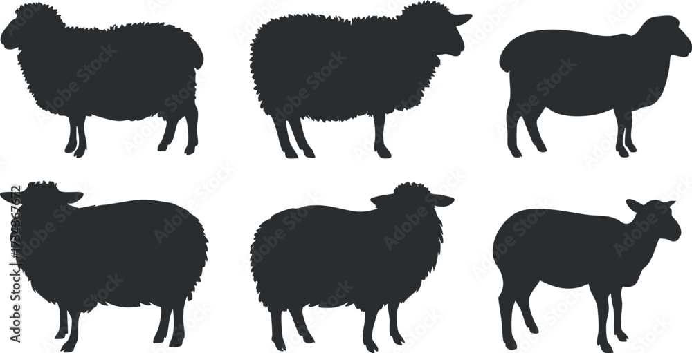 Obraz premium Collection of sheep silhouettes showcasing various poses and angles for design and illustration purposes..