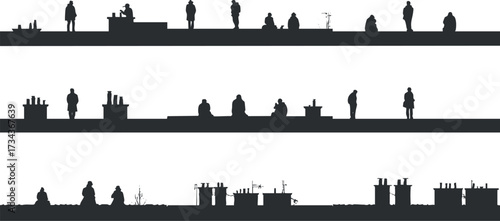 Silhouettes of people and rooftops creating a minimalist urban landscape illustration..