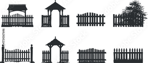 A collection of decorative fence silhouettes featuring gates and garden elements for landscaping..