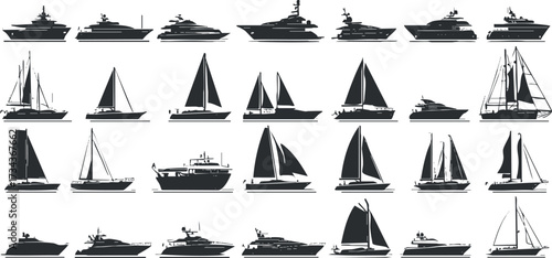 A collection of various yachts and boats illustrated in black silhouettes against a white background..