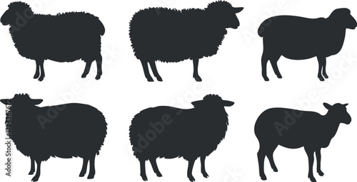 Collection of sheep silhouettes showcasing various poses and angles for design and illustration purposes..