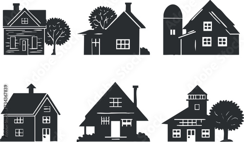 A collection of various house silhouettes showcasing different architectural styles and designs..