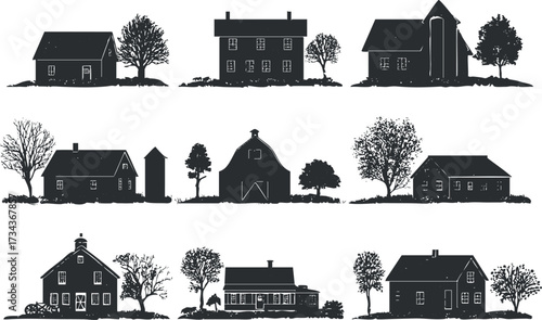 Collection of silhouetted houses and buildings with trees in a black and white design..