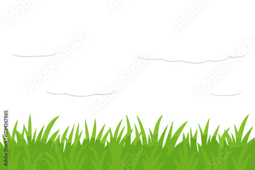 Green grass field and white clouds on sky. Summer spring nature landscape background. Cartoon vector illustration in paper cut style. Natural meadow lawn for eco concept.